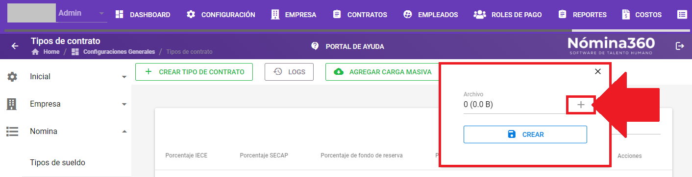 Botón + del campo Archivo para subir el archivo de carga masiva