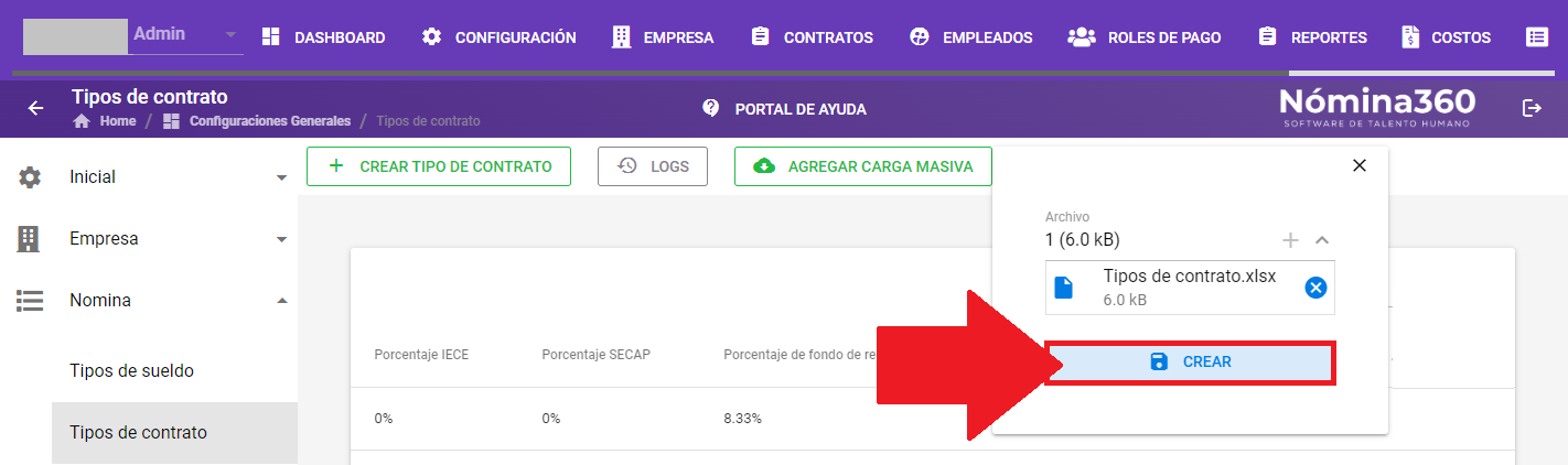 Botón Crear al final del formulario de carga masiva