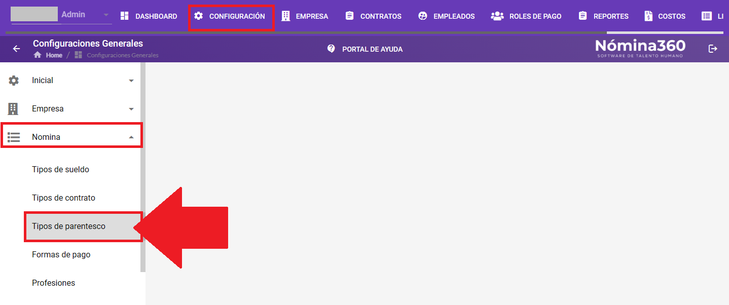 Acceso al menú Tipo de Parentesco dentro de Configuración → Nómina
