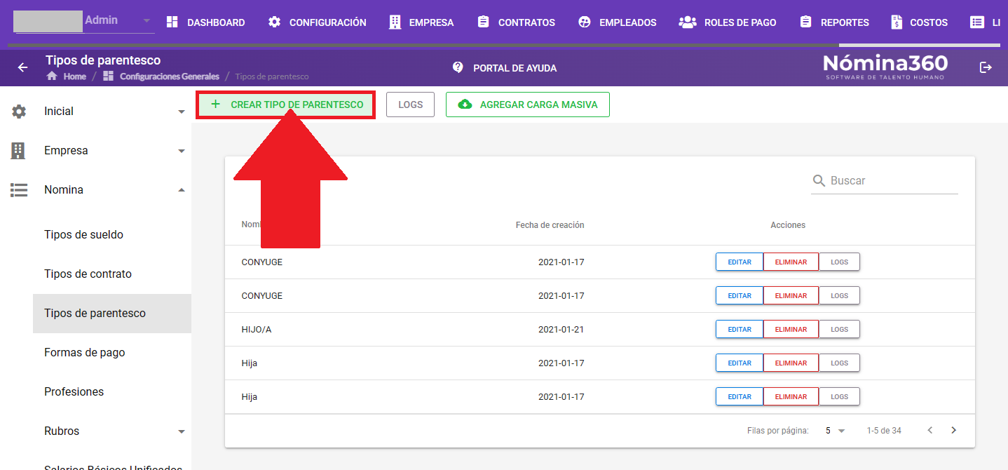 Botón + Crear tipo de parentesco en el listado