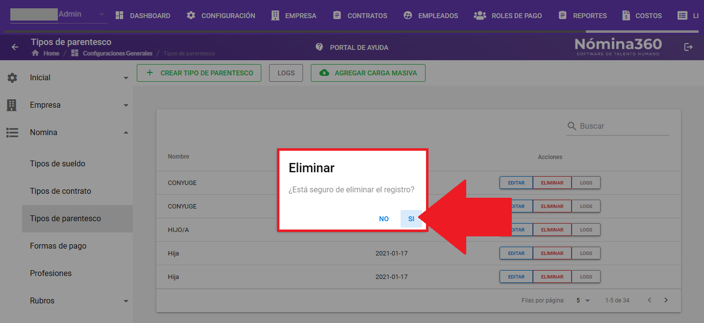 Cuadro de confirmación con la opción Sí para eliminar el tipo de parentesco
