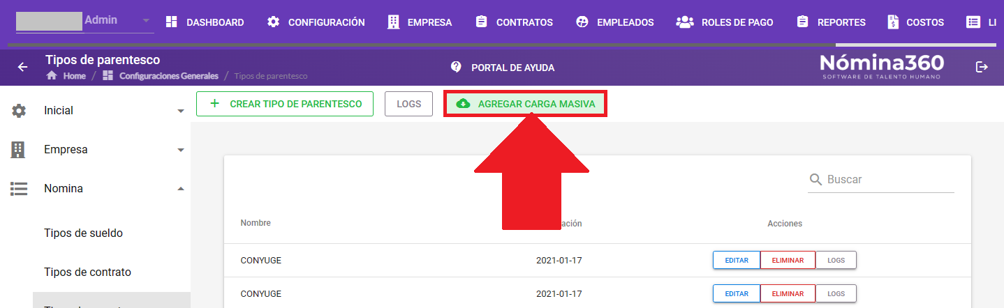 Botón Agregar carga masiva en el listado de tipos de parentesco