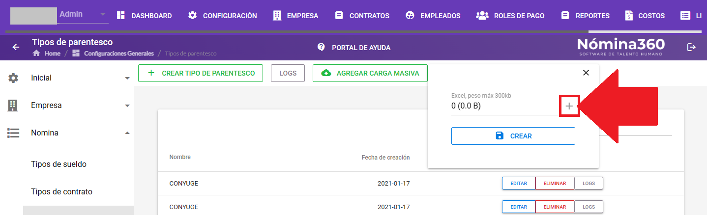 Botón + del campo Archivo para cargar el archivo