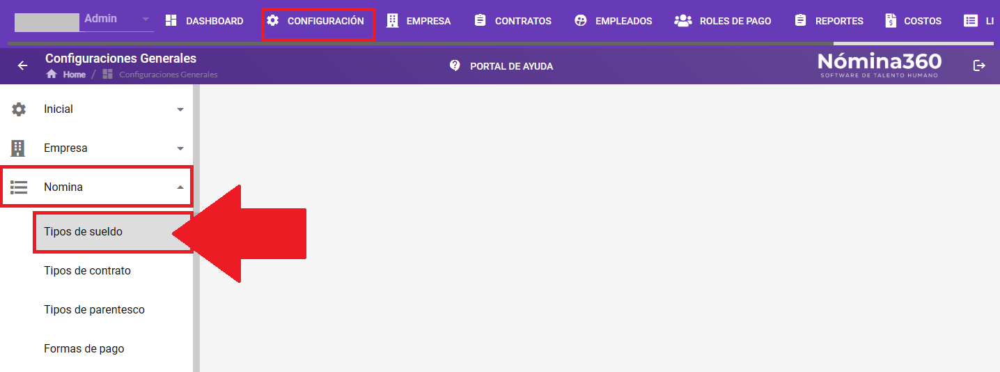 Acceso al menú Tipos de Sueldo dentro de Configuración → Nómina