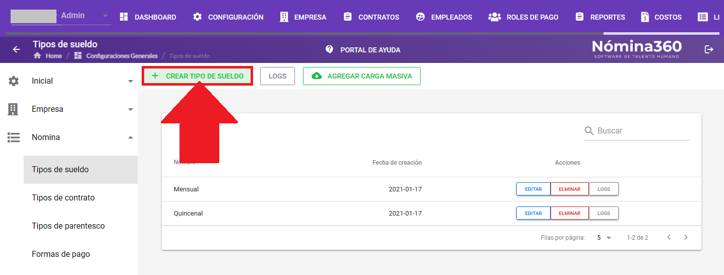 Botón + Crear Tipo de Sueldo en el listado