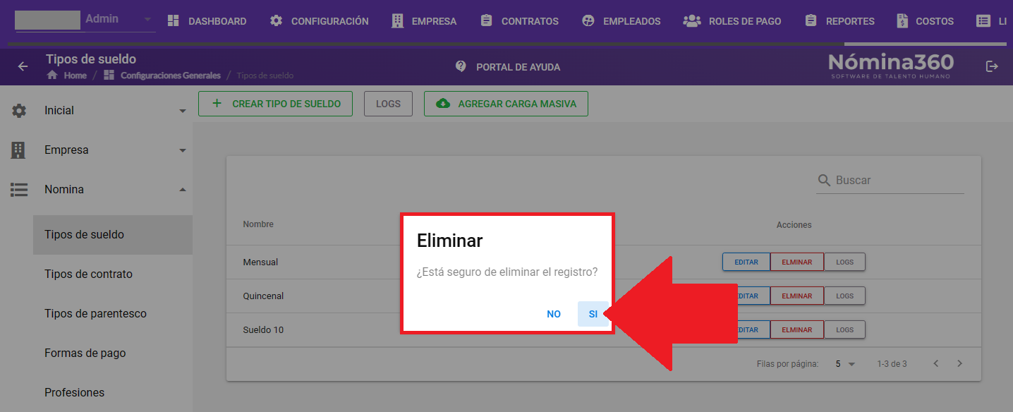 Cuadro de confirmación con la opción Sí para eliminar el tipo de sueldo