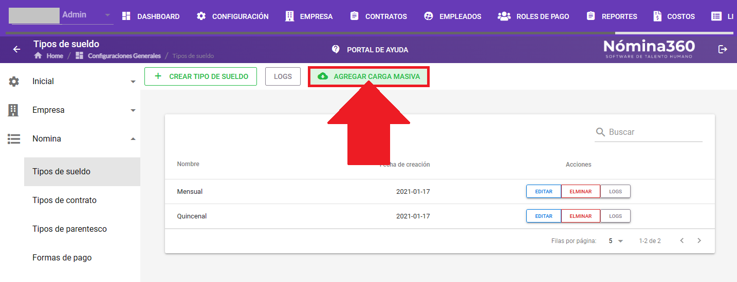 Botón Agregar Carga Masiva en el listado