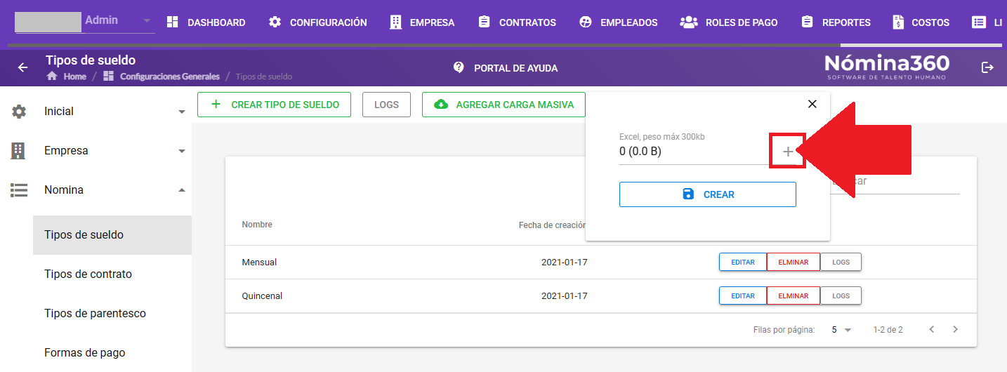 Botón + del campo Archivo para subir el archivo