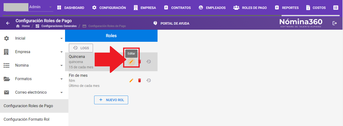 Acción Editar junto a un rol en el listado