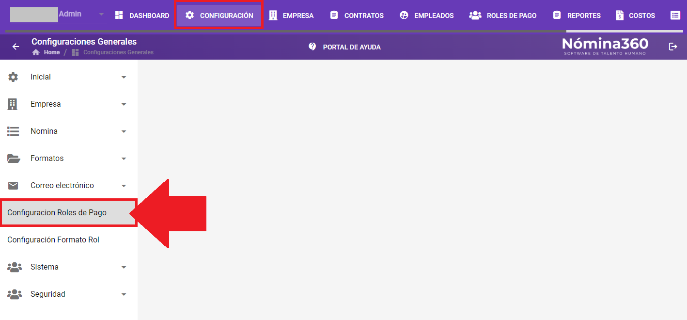 Acceso al menú Configuración de Roles de Pago