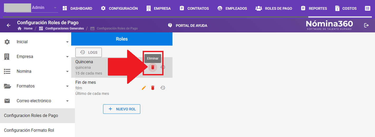 Acción Eliminar junto a un rol en el listado