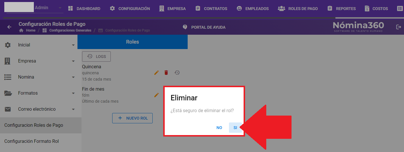 Cuadro de confirmación con la opción Sí para eliminar el rol