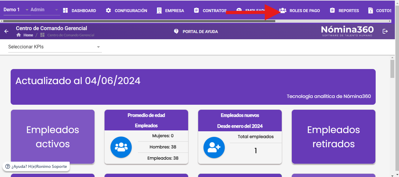 Menú principal con la opción Roles de Pago