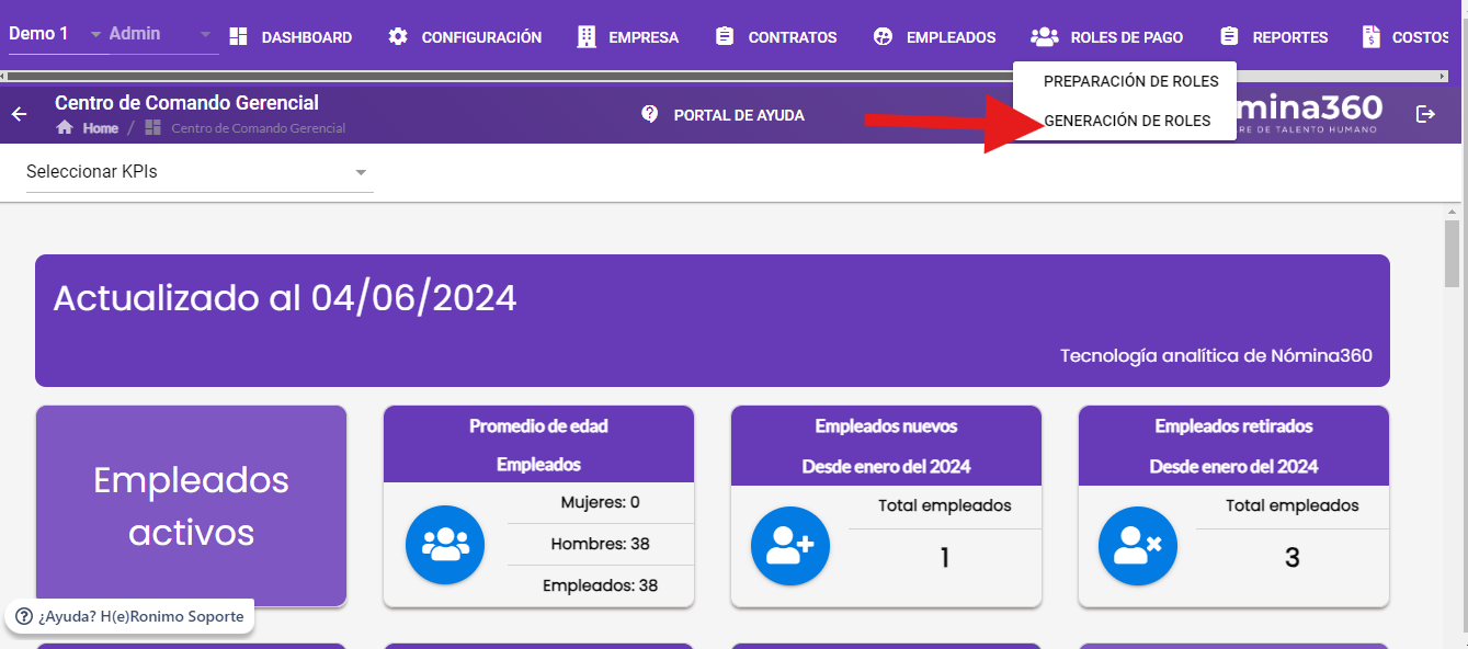 Pantalla Roles de Pago con la opción Generar Roles
