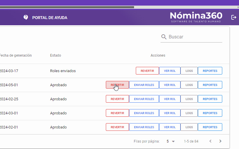 Secuencia de acciones Revertir, Aprobar y Enviar Roles con la confirmación SI