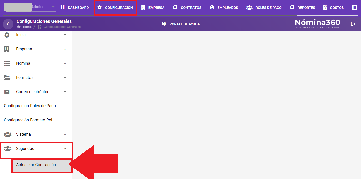 Menú Configuración con la opción Actualizar Contraseña dentro de Seguridad