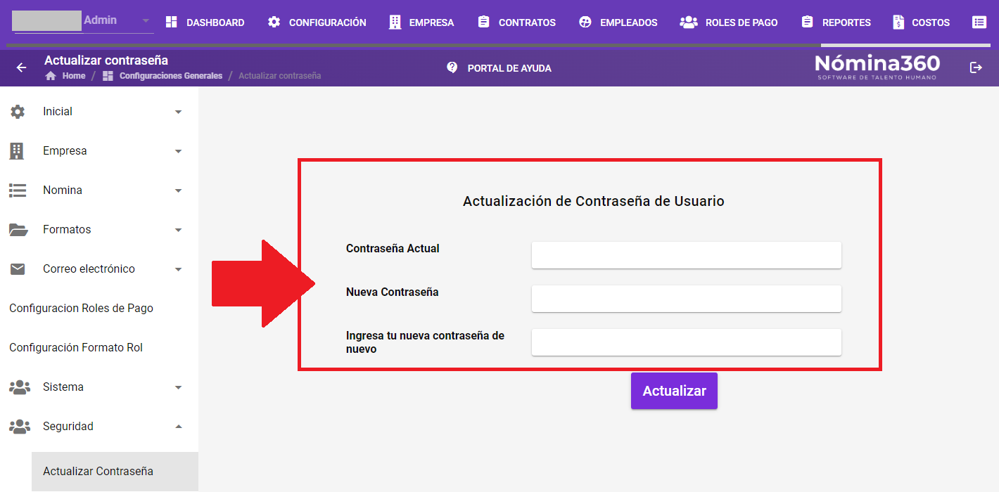 Formulario de actualización de contraseña con los tres campos requeridos