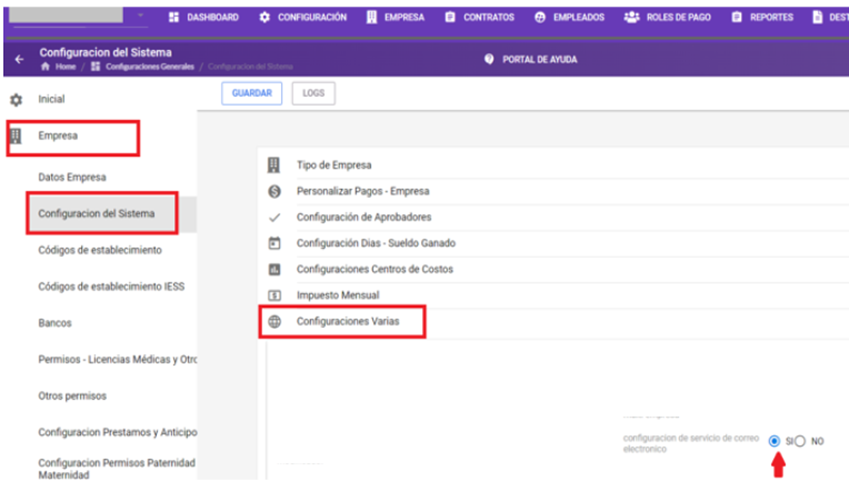 Sección Configuraciones Varias con la opción Configuración de Servicio de Correo Electrónico activada en SI