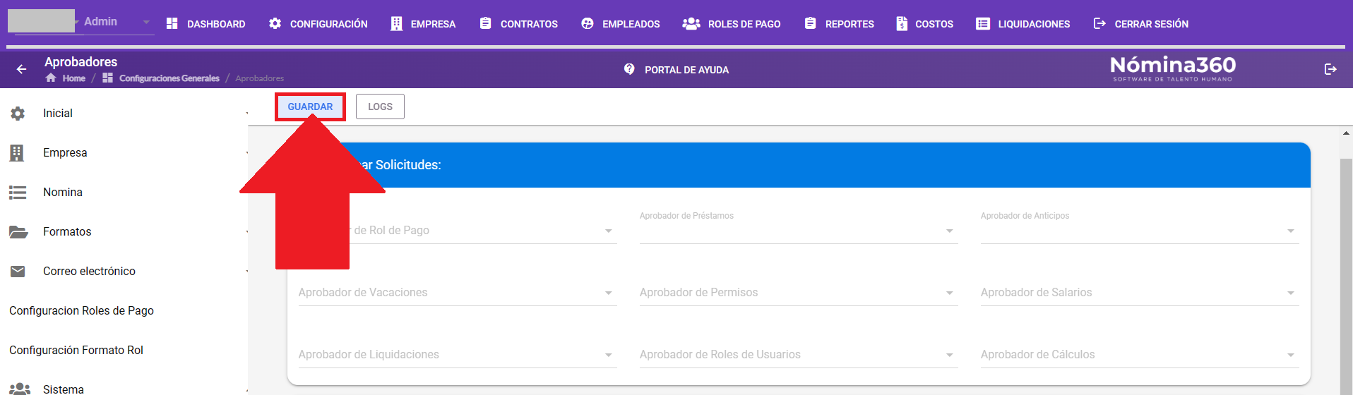 Botón GUARDAR al final de la configuración de aprobadores