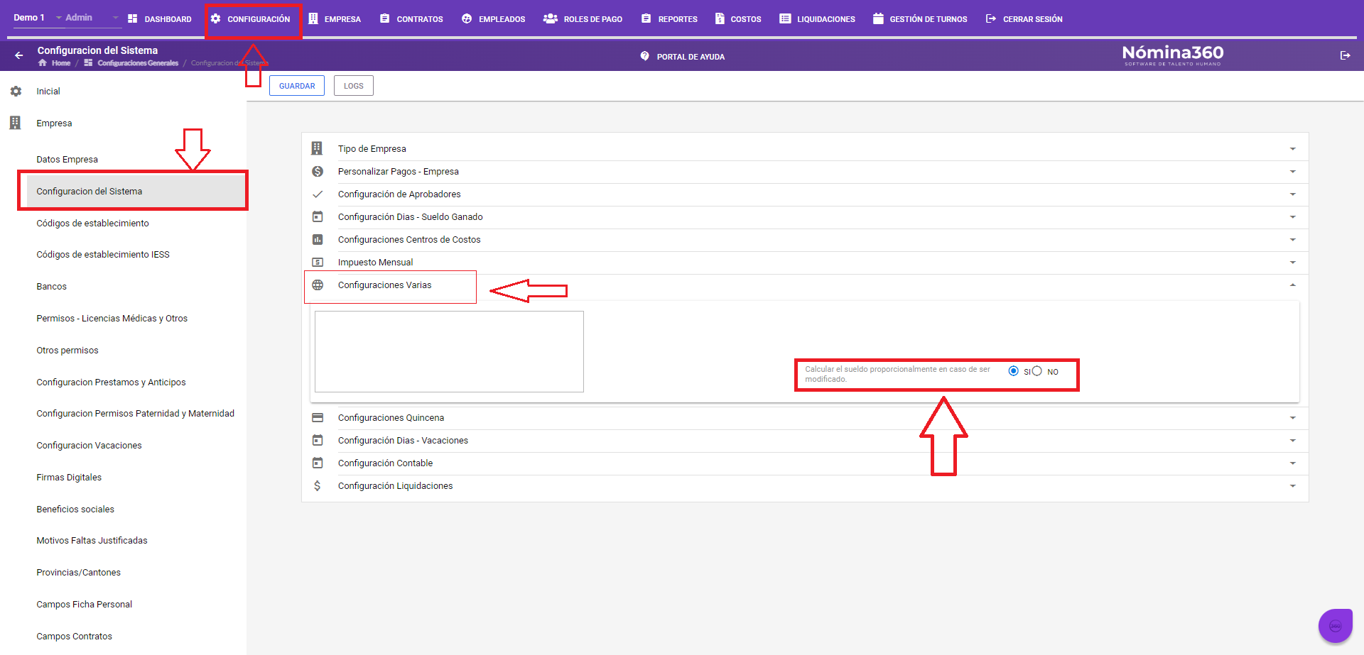 Sección Configuraciones Varias con la opción de cálculo proporcional de sueldo activada