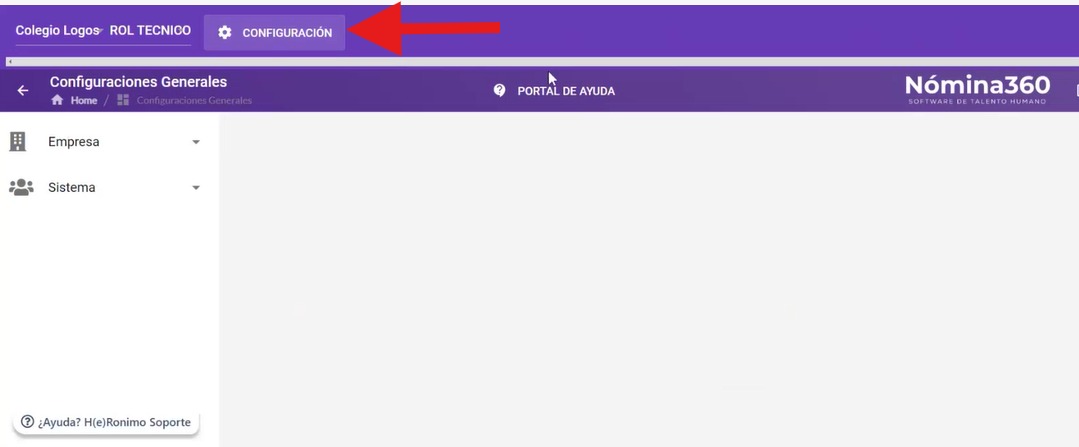 Menú Configuración con la opción Empresa expandida
