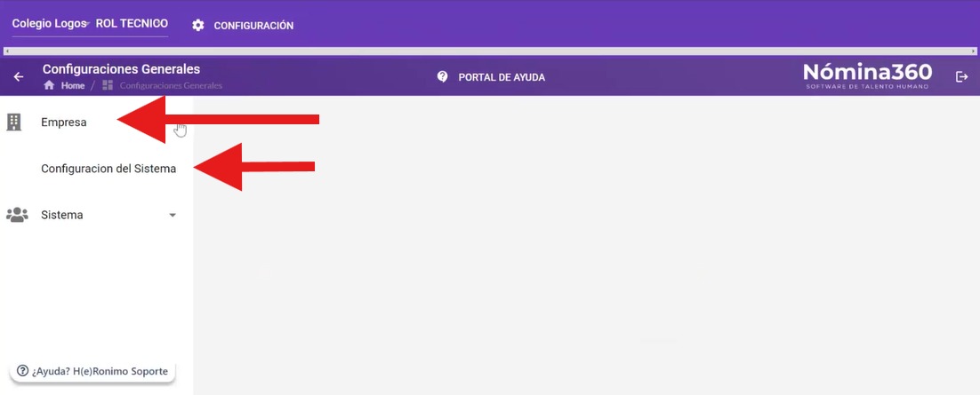 Submenú Configuración del Sistema dentro de Empresa