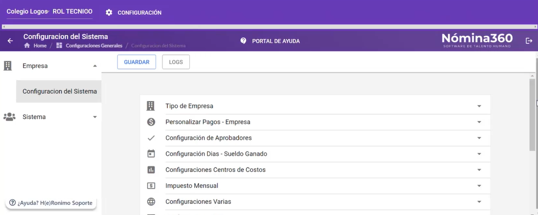 Pantalla principal de Configuración del Sistema con todas las secciones disponibles