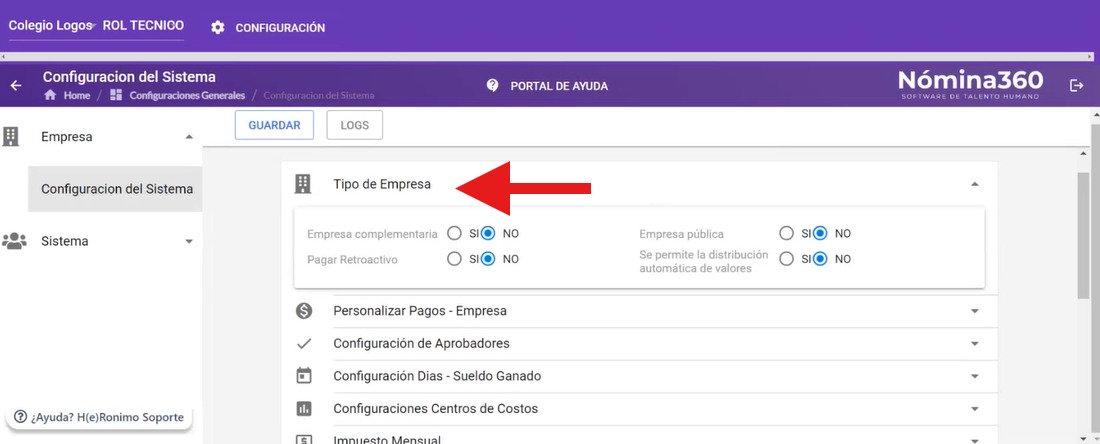 Sección Tipo de Empresa con las opciones de empresa complementaria y empresa pública