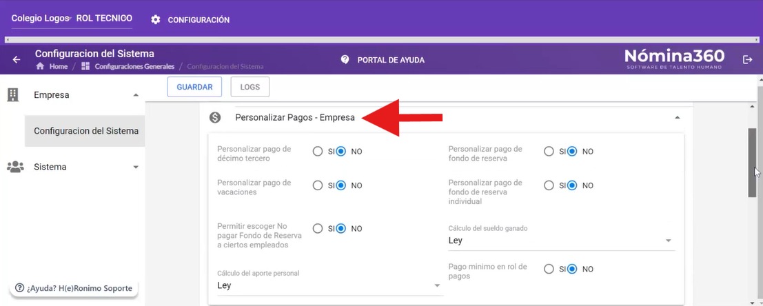 Sección Personalizar Pagos-Empresa