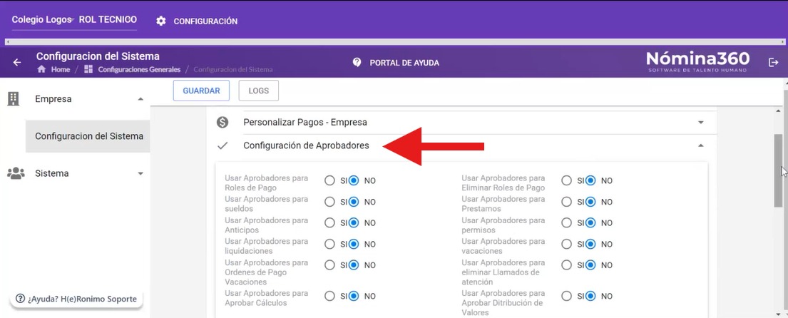 Sección Configuración de Aprobadores con la opción Usar Aprobadores para Permisos