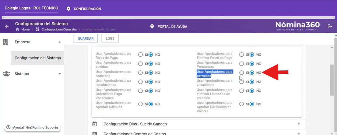 Detalle del selector Usar Aprobadores para Permisos