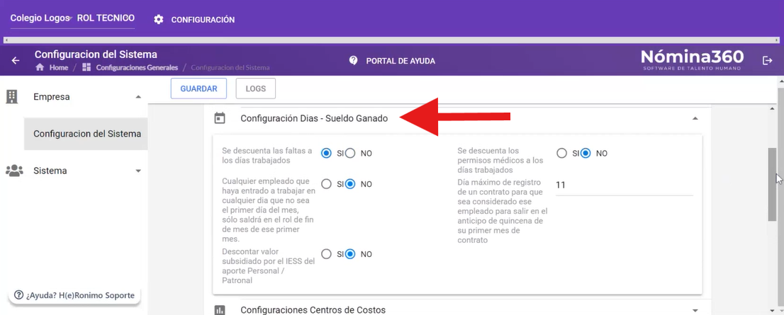 Sección Configuración Días-Sueldo Ganado con las opciones de descuento