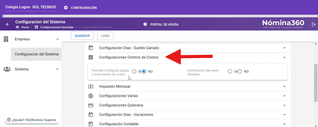 Sección Configuración de Centros de Costo con sus dos opciones