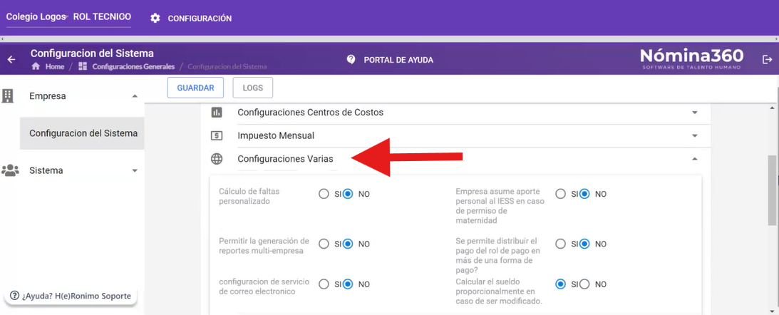 Sección Configuraciones Varias con todas las opciones disponibles