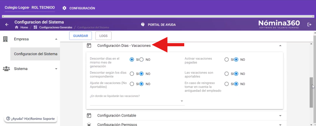 Sección Configuración Días-Vacaciones