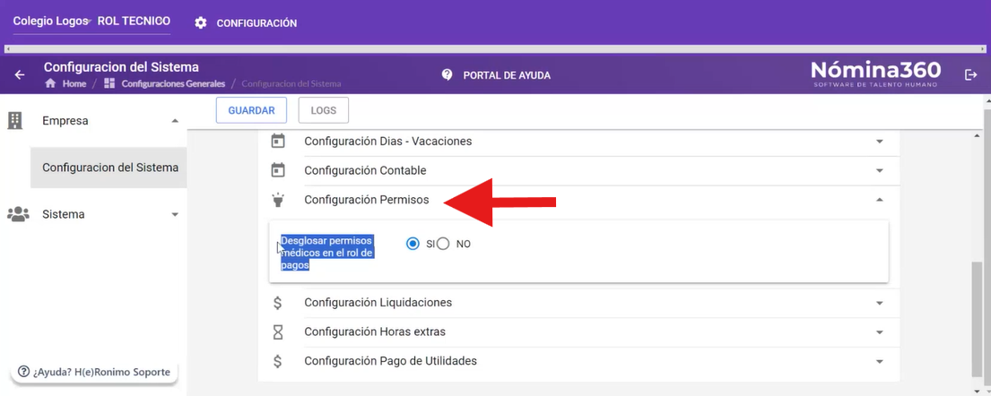 Sección Configuración de Permisos con las opciones SI y NO