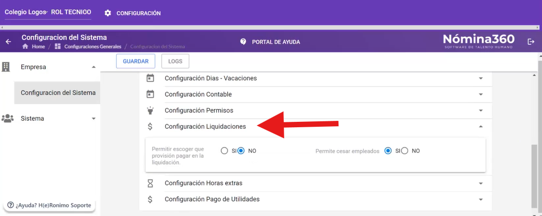 Sección Configuración Liquidaciones con sus dos opciones