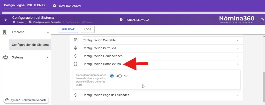 Sección Configuración Horas Extras
