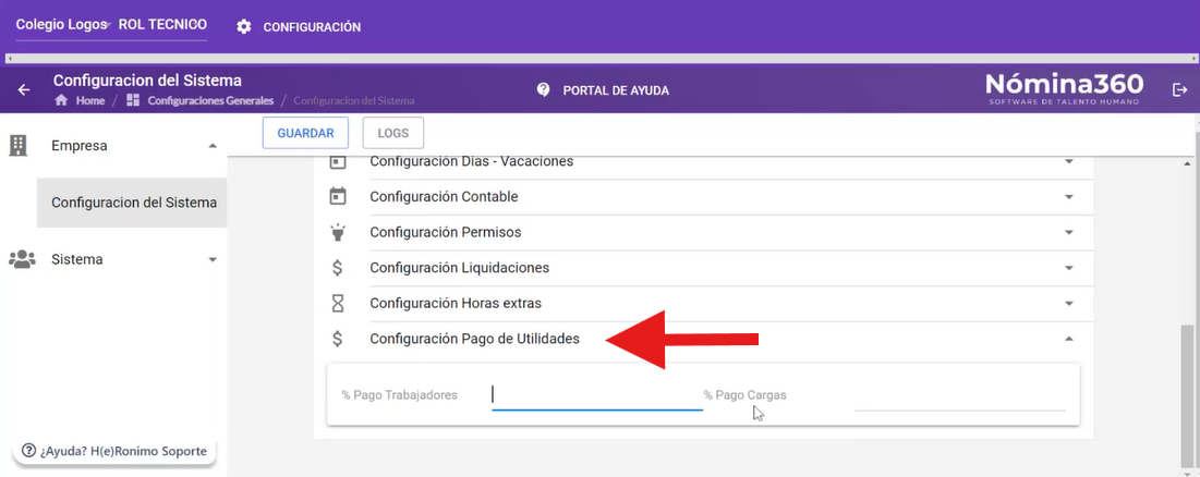 Sección Configuración Pago de Utilidades con el campo de porcentaje