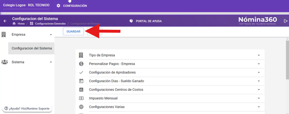 Botón GUARDAR al final de la pantalla de Configuración del Sistema