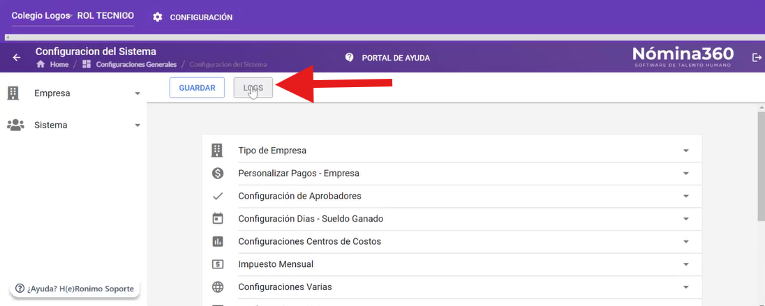 Opción LOGS dentro de Configuración del Sistema