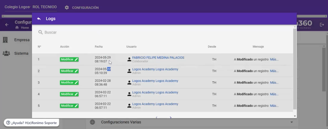 Vista del log de auditoría con los cambios registrados