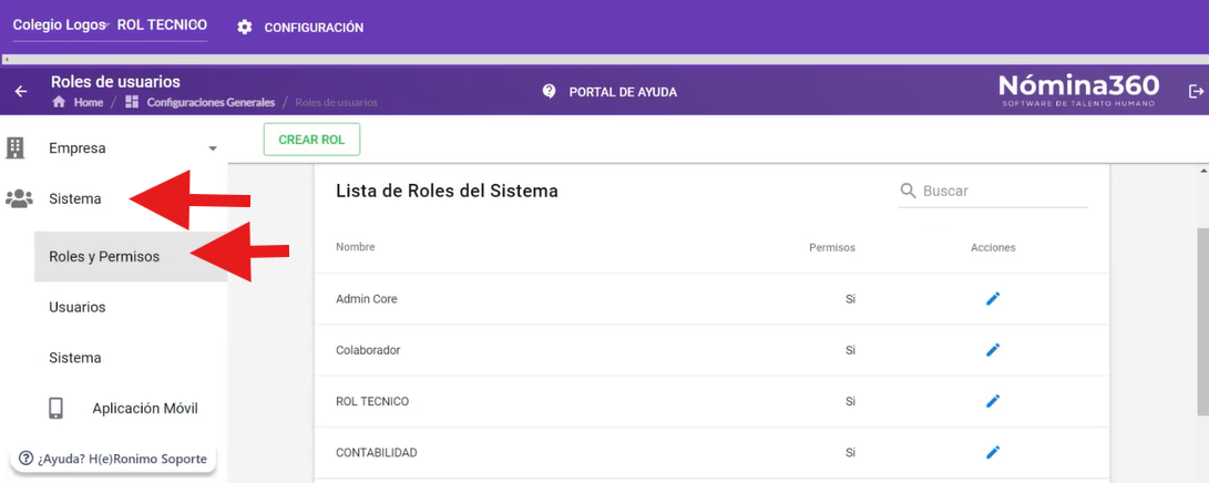 Pantalla Roles y Permisos con el listado de roles existentes