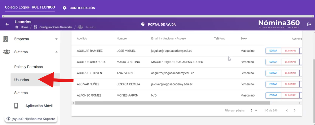 Menú Configuración con la opción Usuarios dentro de Sistema