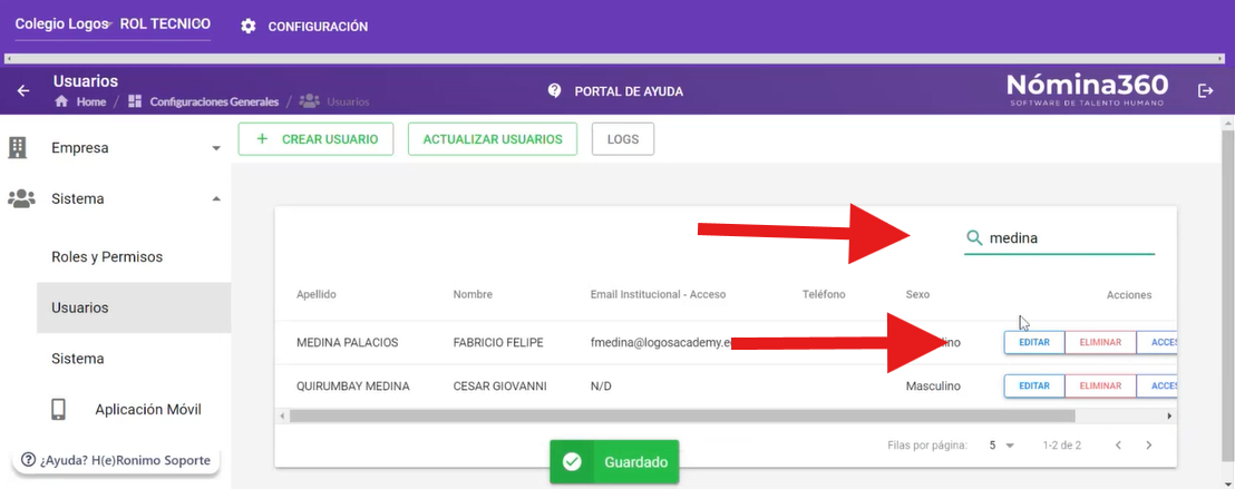 Listado de usuarios con el campo Buscar y el botón Editar