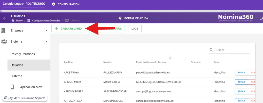 Botón CREAR USUARIO en la pantalla de usuarios