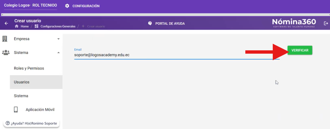 Pantalla de creación con el campo de correo y el botón Verificar