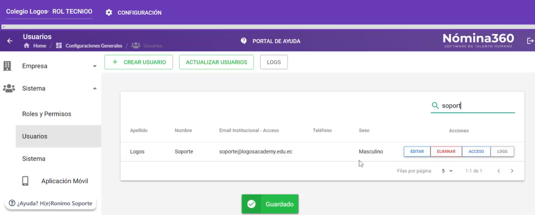 Listado de usuarios con el nuevo registro creado