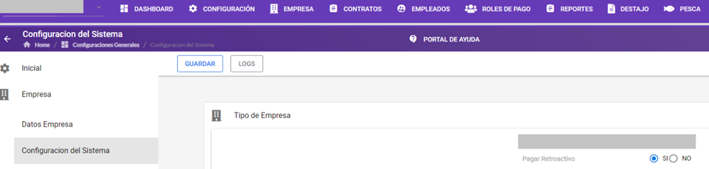 Sección Tipo de Empresa con la opción Pagar Retroactivo activada en SI
