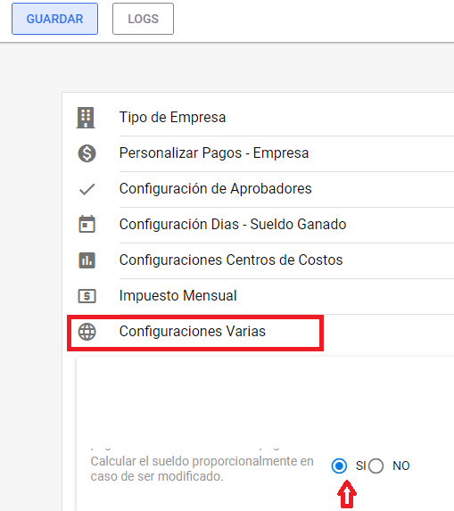 Opción de cálculo proporcional de sueldo activada en SI